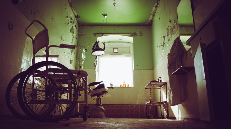 medical equipment, abandoned, urbex, building, day, hospital, run-down, healthcare and medicine, wheel, asylum, damaged, flooring, architecture, decline