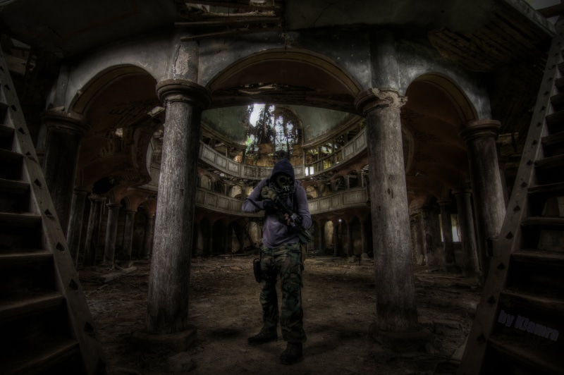 government, building, Poland, urbex, history, architecture, women, full length, gas masks, real people, front view, one person, standing, arch, day, indoors