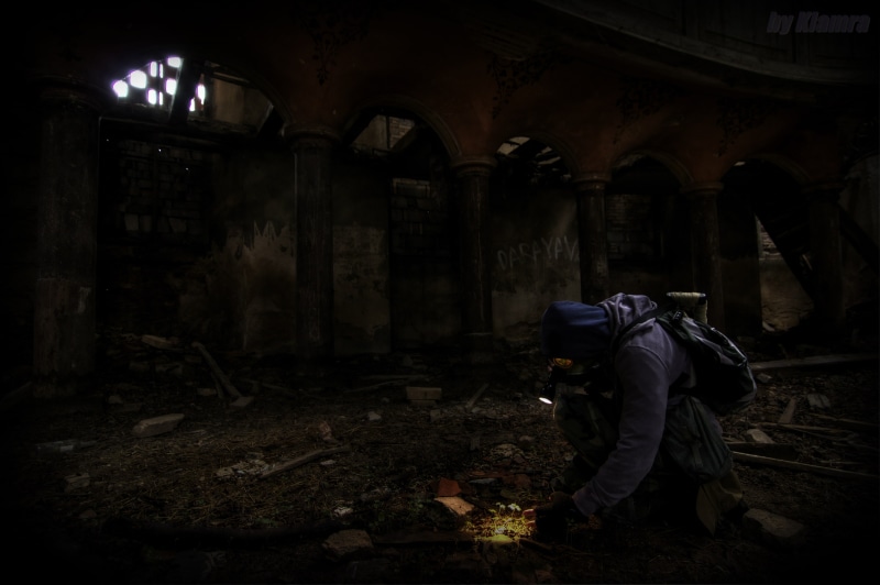 day, built structure, old, real people, side view, building, one person, lifestyles, ruined, standing, postapokalypse, gas masks, run-down, full length