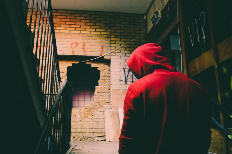 1080P, explorer, staircase, abandoned, school, urban decay, urbex, exploration, hoods, Norway, red sweatshirt