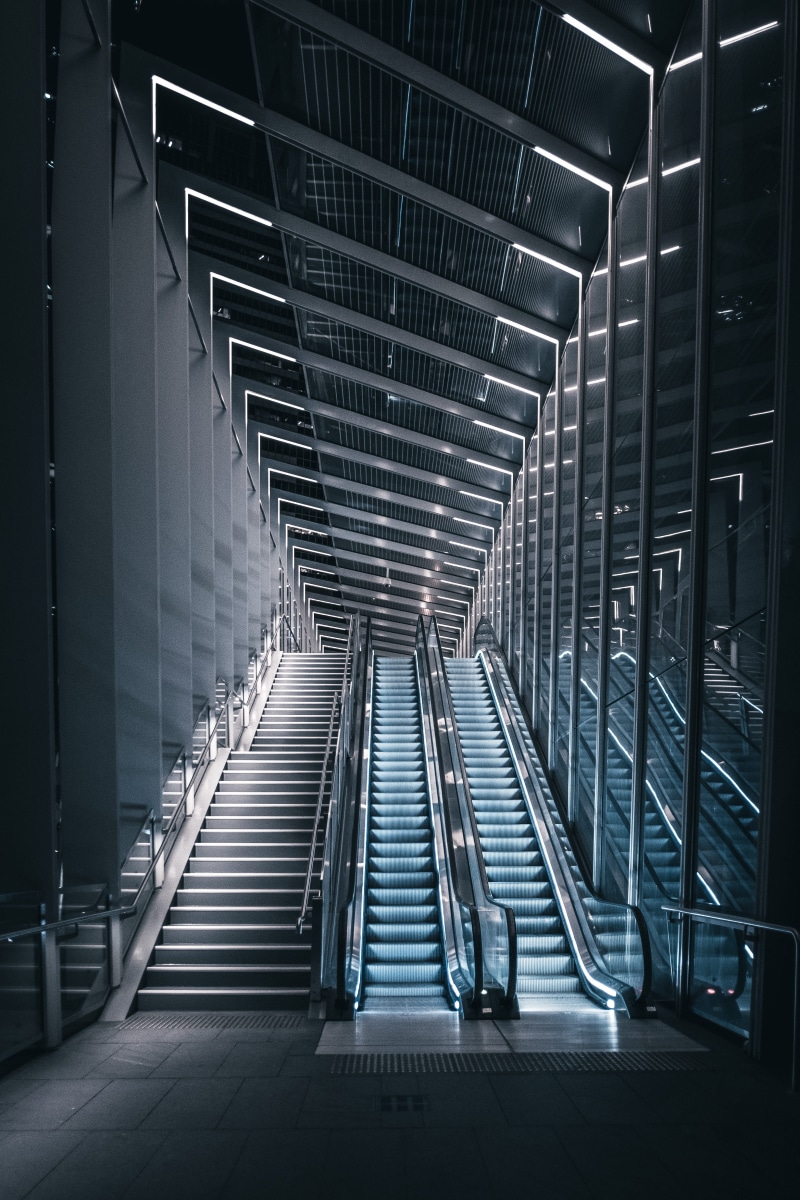built structure, moving walkway, architecture, cant, urban, urbex, building, illuminated, cbd, empty, futuristic, chop, gray, transportation, escalators