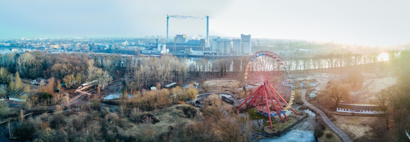 8K, landscape, transportation, city, aerial, tree, plant, building exterior, spreepark beeskow gmbh, office building exterior, bridge - man made structure
