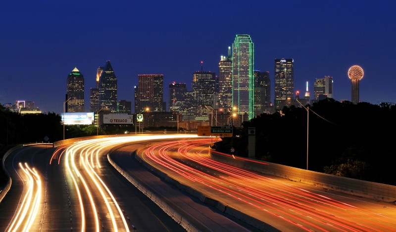 building, night, street, sky, multiple lane highway, city street, skyscraper, built structure, architecture, traffic, lights, office building exterior