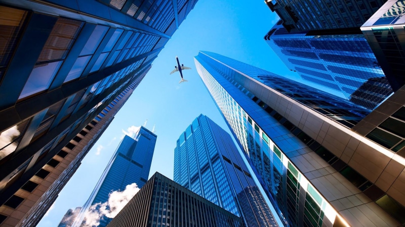 1080P, city, plane, low angle view, skyscraper, office, skycraper, downtown district, chicago, worms, office building exterior, nature, beautiful, metropolis