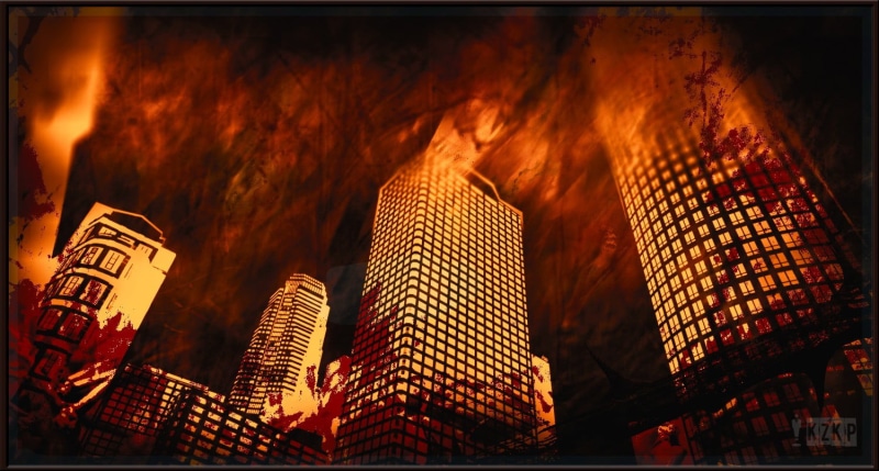 fire, architecture, office building exterior, building exterior, transfer print, illuminated, built structure, skyscraper, low angle view, travel destinations