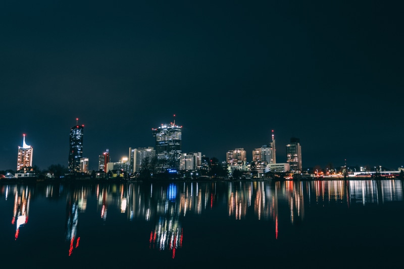 skycrapers, night, lights, reflection, 5K, water, city
