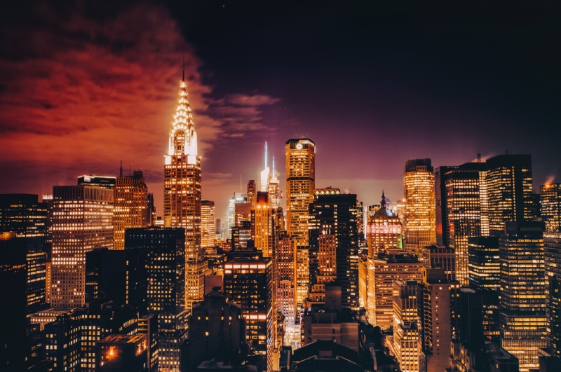 USA, 1080P, Manhattan, cityscape, skycrapers, Chrysler Building, New York City, Twilight, lights