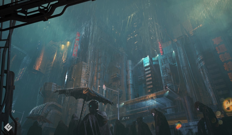 dark, 4K, skycrapers, science fiction, sci-fi, people, fantasy art, futuristic city, building, city, Col Price, umbrella, artwork, fantasy, artist, rain