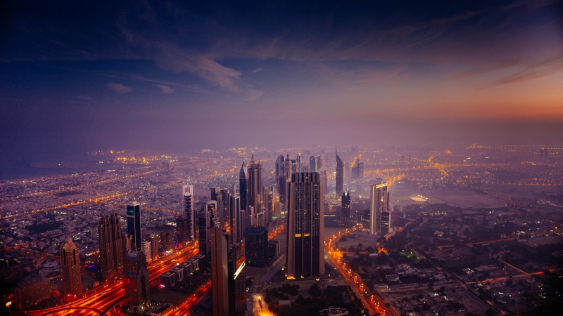 drone view, skyscraper, built structure, purple, rise, street, urban skyline, 5K, orange, sky, building, outdoors, red, office building exterior, cloud - sky