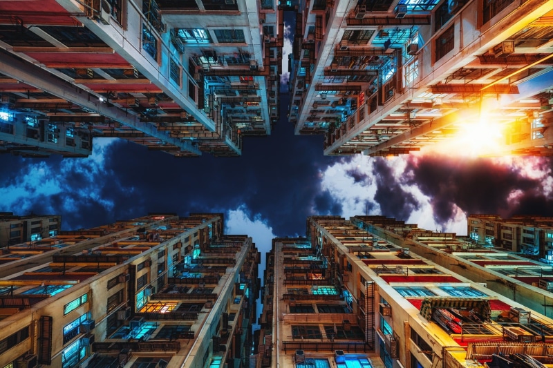 smoke - physical structure, architecture, motion, apartment, city, no people, outdoors, digital composite, night, Hong Kong, nature, apartments, building exterior