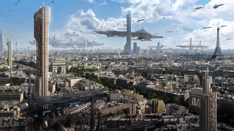 fantasy art, cityscape, built structure, crowded, skycraper, building, paris, sky, future world, tower, outdoors, city, day, tourism, nature, building exterior