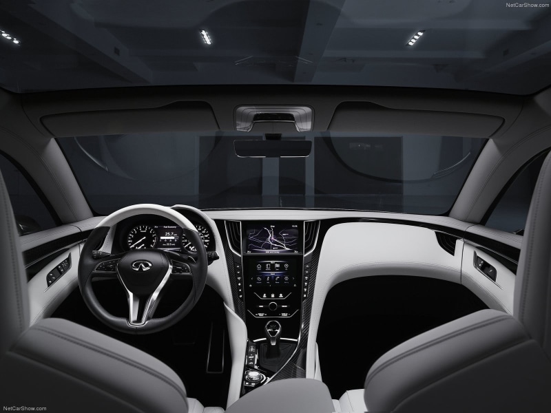 steering wheel, vehicle seat, travel, motor vehicle, indoors, 2015 Infiniti Q60 Coupe, day, silver, interior, glass - material, no people, mode of transportation