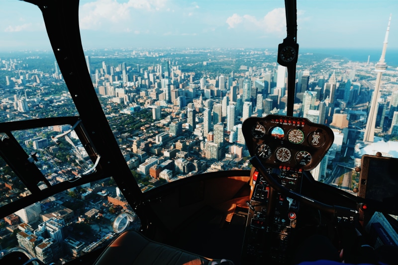 helicopters, aerial view, Toronto, Canada, 4K, cityscape, cockpit, CN Tower, city, building, Robinson R44 Clipper II, skyscraper