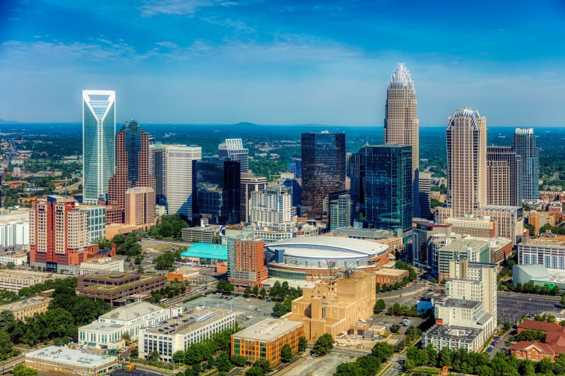 tall - high, high angle view, charlotte, scenic, landscape, sky, office building exterior, america, financial district, cloud - sky, north carolina, built structure