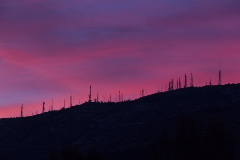 morning, scenics - nature, greece, outdoors, magentum, background, silhouette, pollution, pink color, purple, dawn, tower, night, communication, dark, dramatic sky