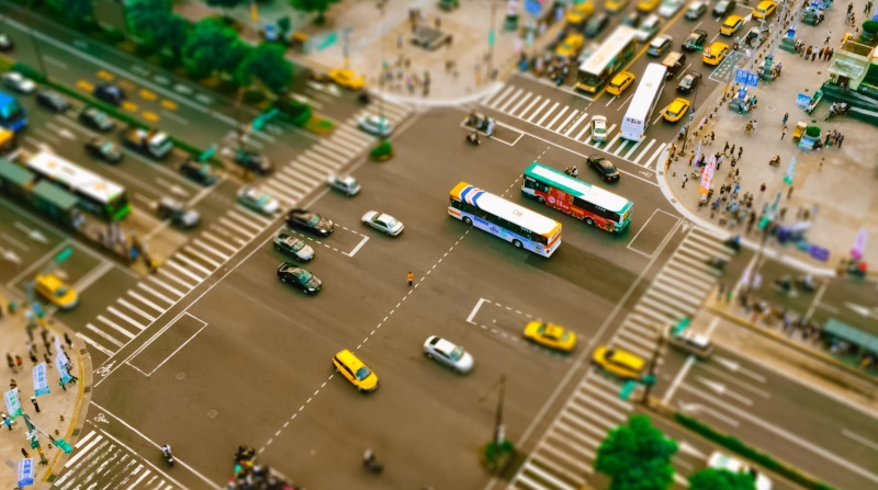 people, highway, street, travel, outdoors, high Angle View, tilt shift, shot, incidental people, car, motor vehicle, tilt-shift, road, city, city street