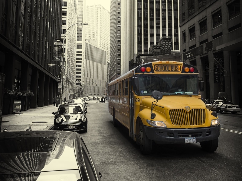 ride, city life, selective coloring, bus, day, car, yellow taxi, toy, 1080P, yellow, skyscraper, built structure, on the move, incidental people, street