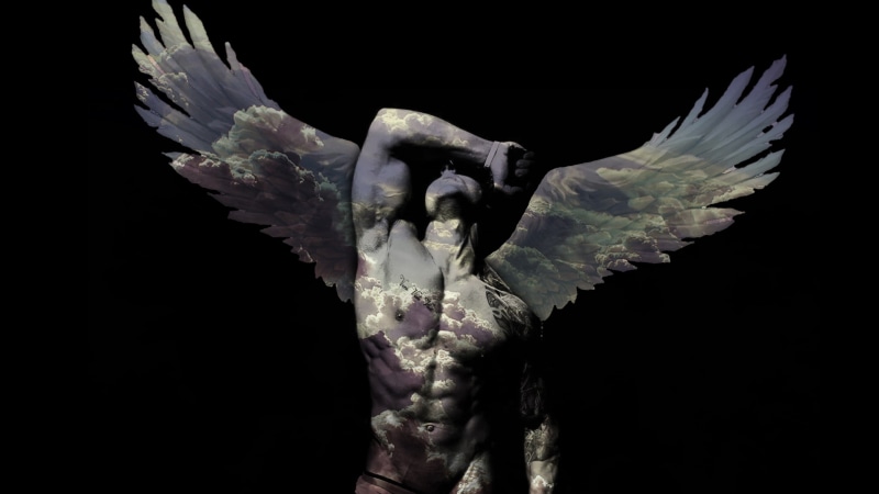 indoors, 2K, close-up, Zyzz Veni Vidi Vici, black background, angel, sculpture, human representation, representation, no people, nature, digital composite