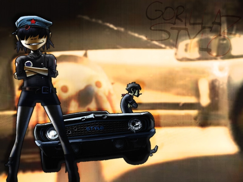 representation, Jamie Hewlett, land vehicle, indoors, riding, close-up, mode of transportation, human representation, technology, no people, motion, Gorillaz