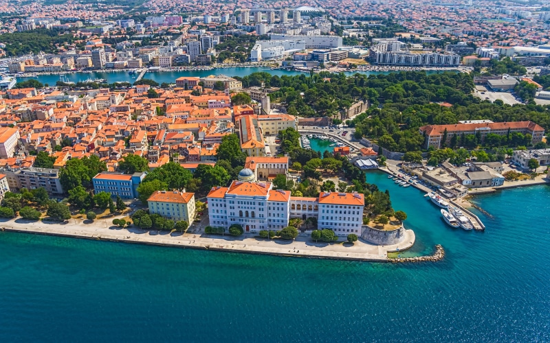 no people, 4K, croatia, zadar, city, nautical vessel, turquoise colored, swimming pool, built structure, sea, travel, outdoors, cruise ship, cityscape