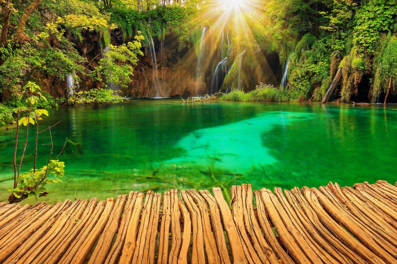 garden, 5K, Waterfall, rays, plitvice, Croatia, nature, parks, light, lake