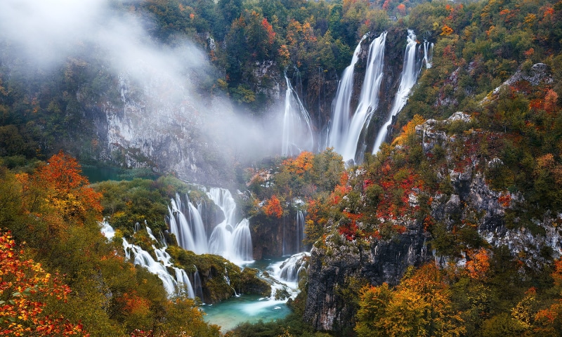 waterfalls, rocks, autumn, Plitvice, 1080P, Croatia, trees