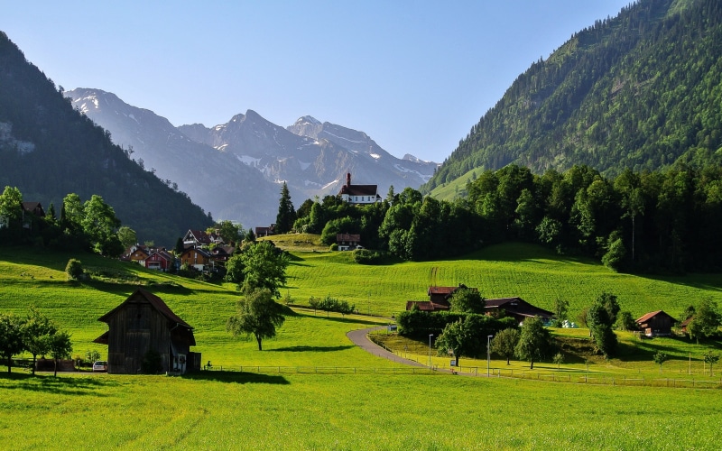 scenery, flueli, nature, grasslands, switzerland, houses, mountains, trees, cities, 2K