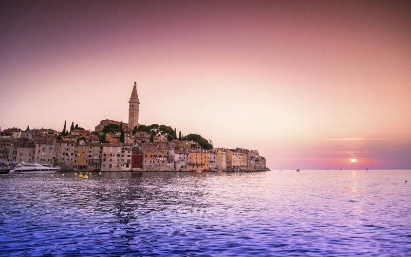 beauty in nature, croatia, 4K, rovinj, water, architecture, place of worship, built structure, land, city, no people, sea, cityscape, religion, town, sky