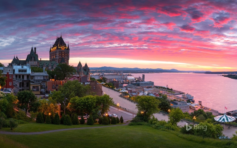 sunset, outdoors, 1080P, building exterior, tree, no people, old, building, quebec, que, nature, place of worship, sky, plant, city, architecture, water
