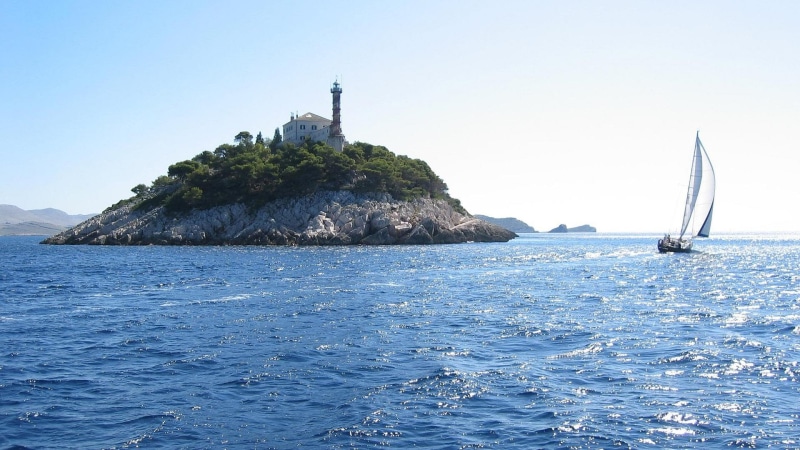 blue, sail, adriatic, croatia, white, lighthouse, boat, 3d and abstra, island, jadran, black, hrvatska, kornati, 1080P, ocean