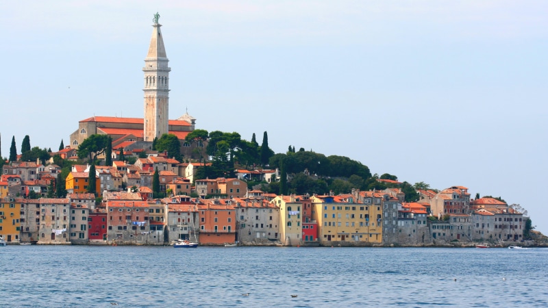 nature, building exterior, rovinj, day, tower, europe, religion, town, sky, spirituality, water, cityscape, no people, adriatic, waterfront, city, shore