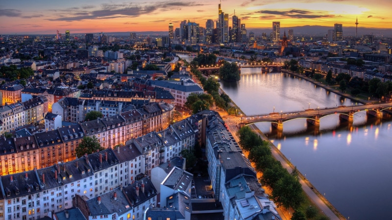 water  architecture  river  trees  rooftops  sunset  reflection  Frankfurt  birds eye view  hills  building  Germany  evening  skyscraper  cityscape  bridge  street  city  lights  clouds  house
