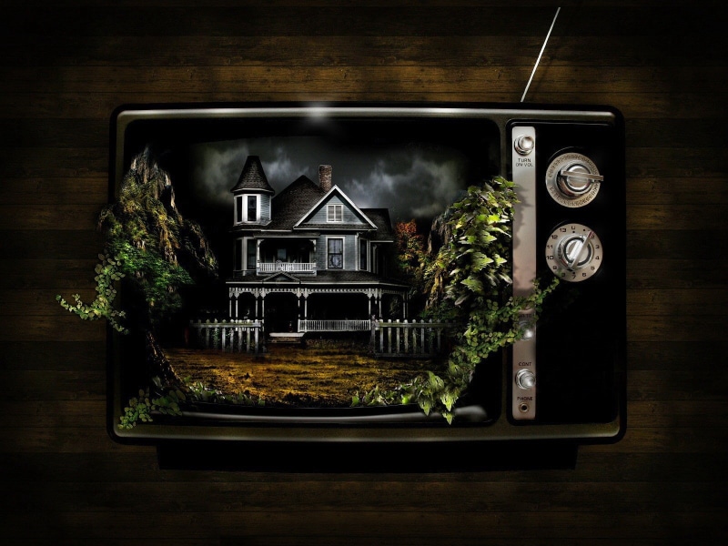 monochrome, artwork, Vintage, architecture, tel, fantasy, tv, leaves, 720P, painting, digital, Television Sets, px, x, art, Antenna, digital art, building