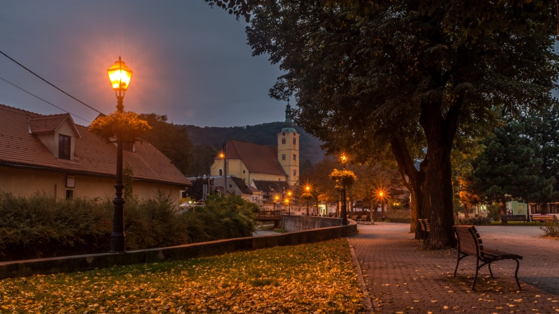 built structure, building, Samobor, autumn, plant, park, stream, the evening, 4K, nature, building exterior, dusk, Croatia, benches, home, footpath, city