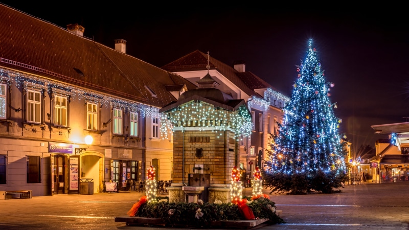 event, decoration, snow, vacations, town Square, famous Place, christmas Tree, history, house, tourism, Samobor, beige, town, urban Scene, celebration