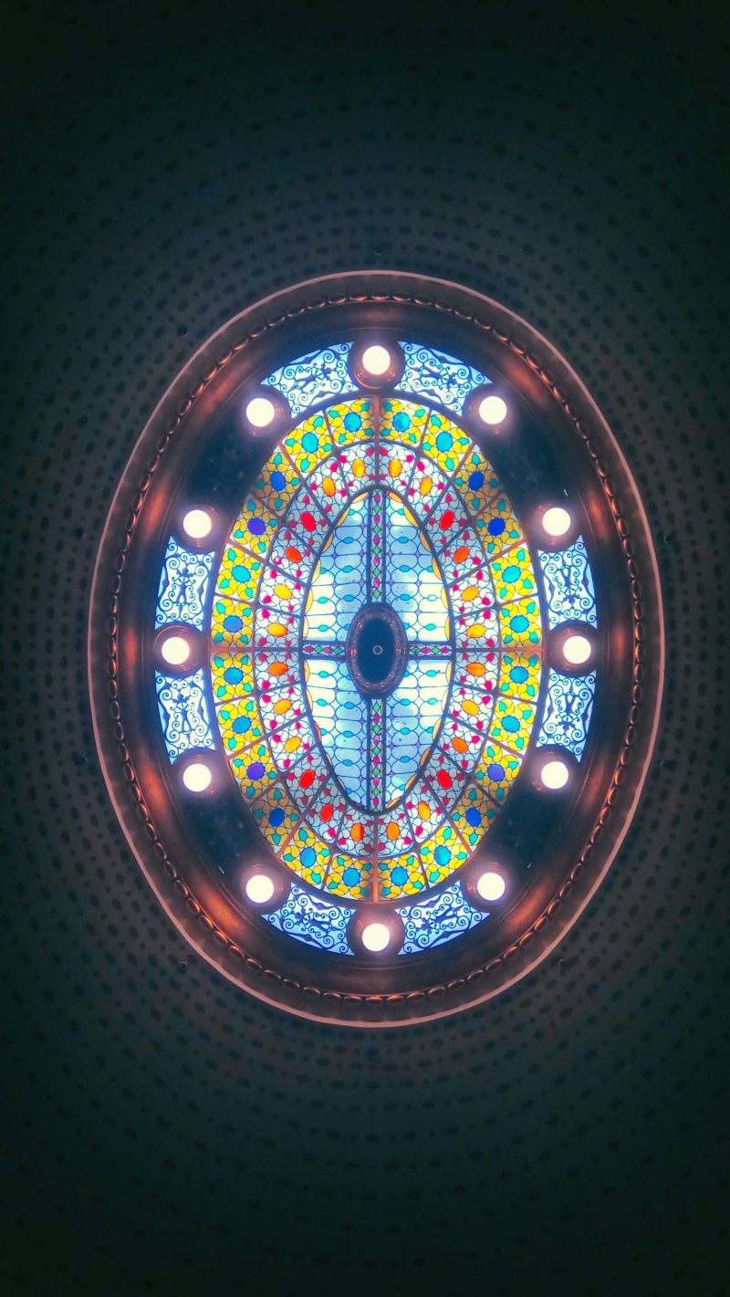geometric shape, directly below, religion, croatia, glass, design, stained glass, ornate, circle, indoors, multi colored, light, 4K, pattern, zagreb, hanging