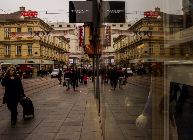 men, architecture, croatia, store, reflection, built structure, 4K, city, rail transportation, transportation, zagreb, walking, crowd, real people, group of people