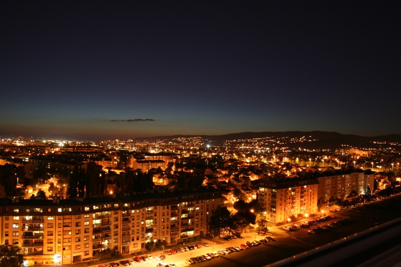 built structure, city, cityscape, high angle view, architecture, settlement, glowing, copy space, photography, building, illuminated, night, zagreb, nature