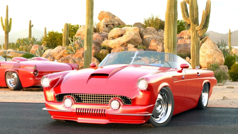 thunderbird, 1955, red, cars, custom, vizualtech, convertible, ford, car, 1080P