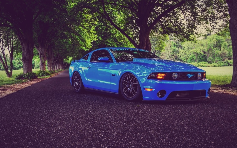 red, tree, plant, car, land vehicle, nature, city, outdoors, road, retro styled, day, blue, lowrider, coupe, transportation, Ford, no people, street, tuning