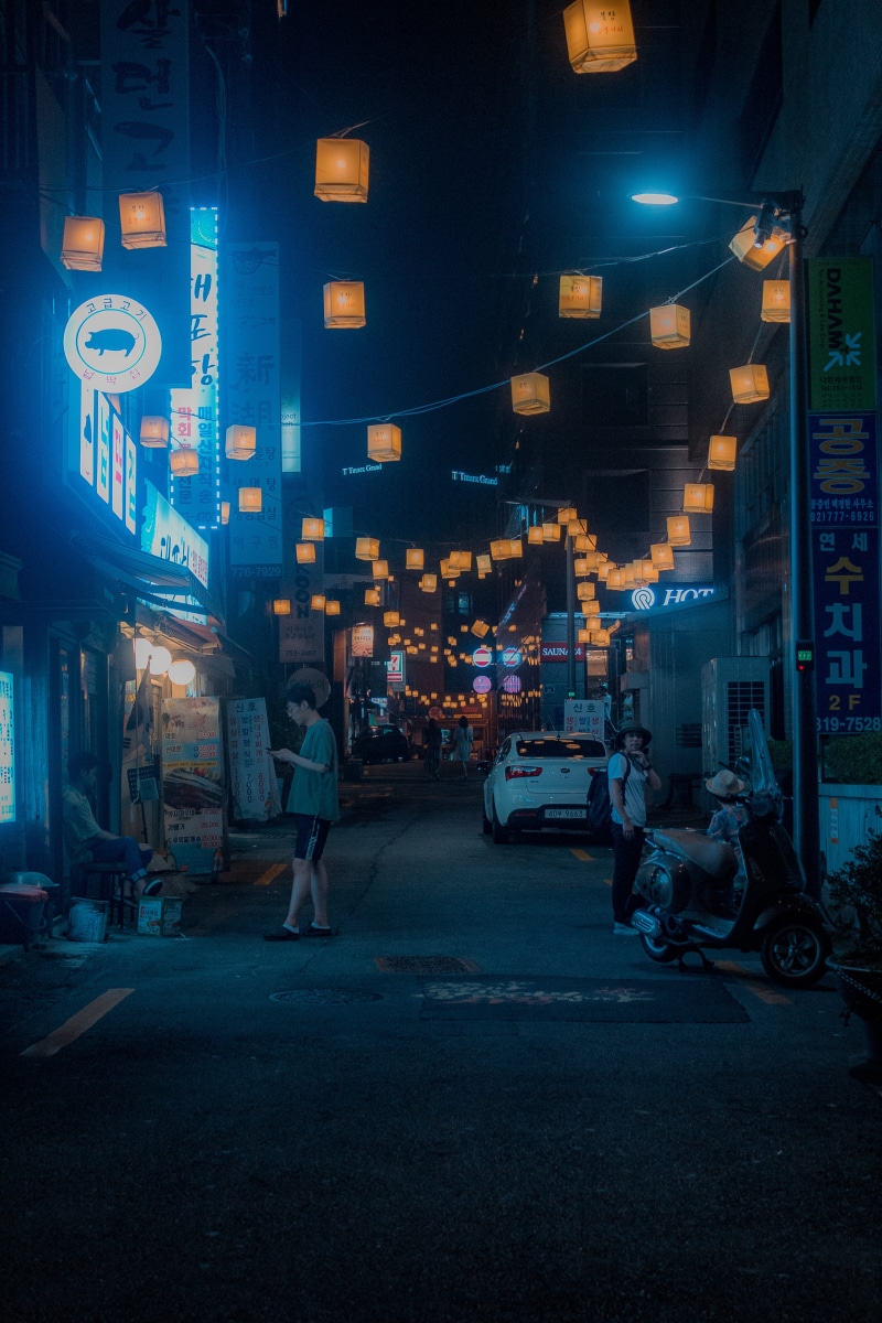 asia, traffic, alley, urban, city, lighting Equipment, walking on street, people, night, man, travel, standing, holding, 5K, night time, male, light, neon lights