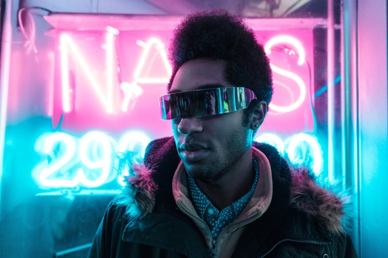 person, jacket, portrait, young adult, front view, nightlife, front, sunglasses, black, one person, neon, lifestyles, adult, signage, glasses, young men