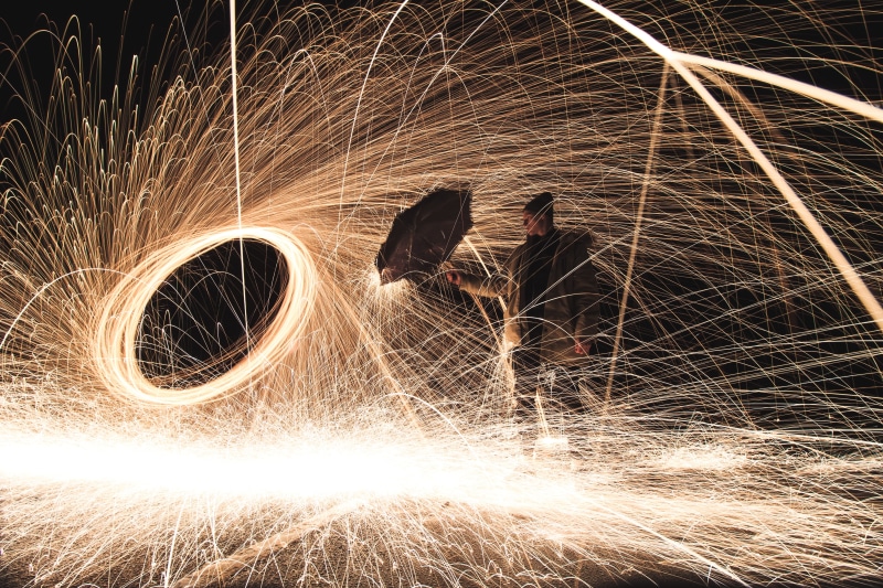 time, outdoors, spinning, skill, sparks, firecrackers, heat - temperature, wire wool, firework, man, male, holding, lapse, standing, umbrella, 5K, night