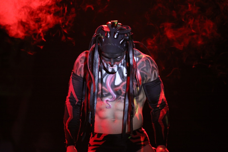 illuminated, finn, waist up, indoors, one person, 4K, black background, red, hairstyle, standing, men, entrance, obscured face, wwe, balor, three quarter length