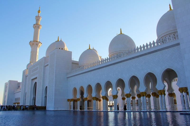 no people, architectural column, tourism, belief, famous, dome, arch, reflection, abu dhabi, spirituality, middle east, sky, travel destinations, building exterior