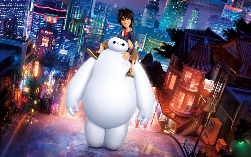 cartoon, Hiro Takachiho, Hiro Hamada, robot, 2K, Big Hero 6, hero, Beymaks, boy, Baymax, illustration, big, City of Heroes, street, city, night lights