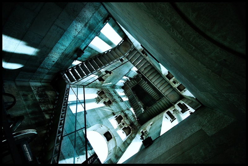 staircase, nature, motor vehicle, building, office building exterior, car, auto post production filter, building exterior, day, low angle view, bridge