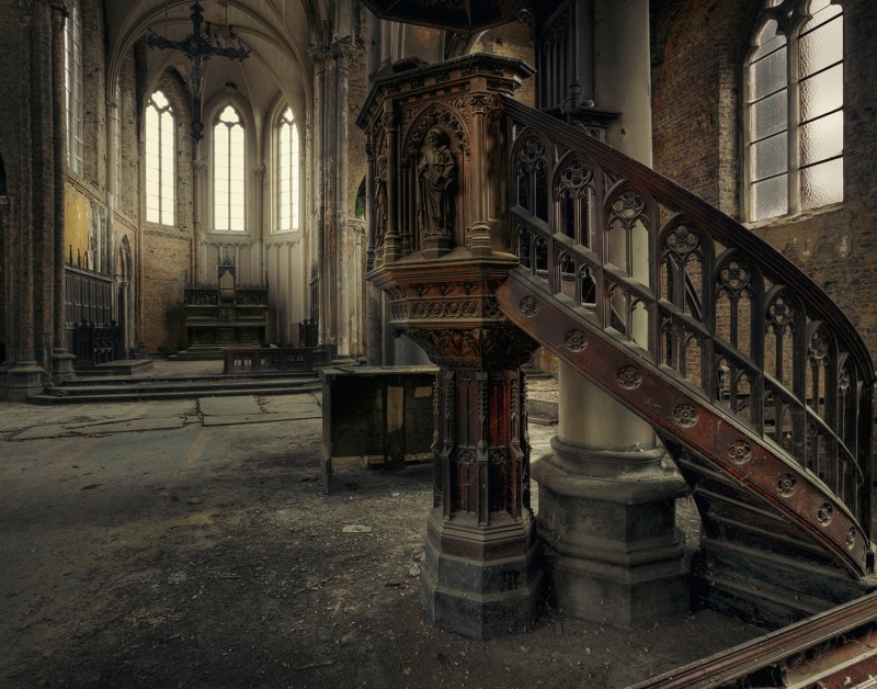 the past, no people, staircase, cross, church, wood, religion, building exterior, day, architecture, Christianity, interior, 720P, architectural column