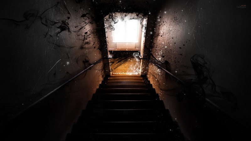 the way forward, dark, digital, abandoned, staircase, direction, architecture, wall - building feature, tunnel, walls, railing, smoke, steps and staircases