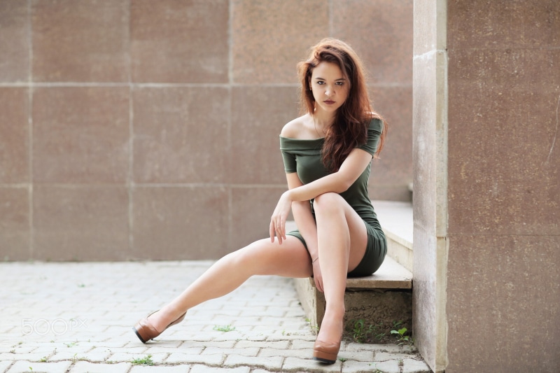 women, high heels, sitting, 1080P, Murat Kuzhakhmetov, legs, portrait, dress
